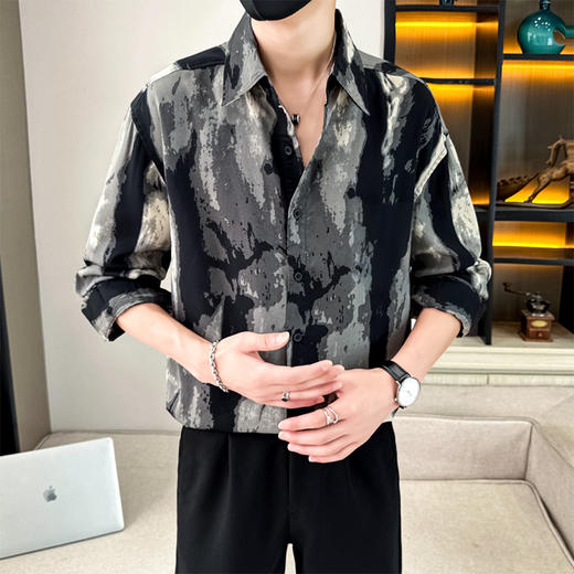 【特大码】【新款DH】大依优型大码男装长袖花衬衫休闲潮流开衫纽扣翻领衬衣 商品图0