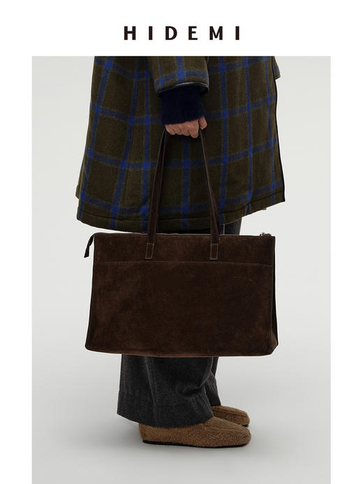 HIDEMI 进口麂皮极简几何设计感肩带多背式公文包 深摩卡棕/黑色 商品图7