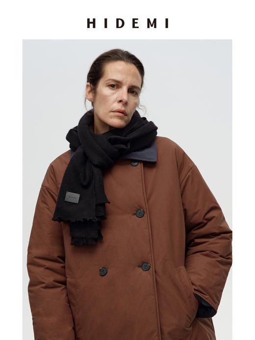 HIDEMI 进口绵羊毛皮标款长款大围巾 深雾霾灰蓝/勃艮第酒红/黑色 商品图6