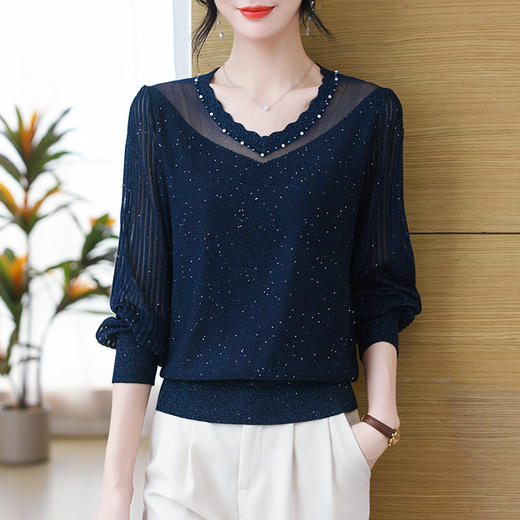 V领长袖薄款，钉珠网纱针织衫CC-1228 商品图1