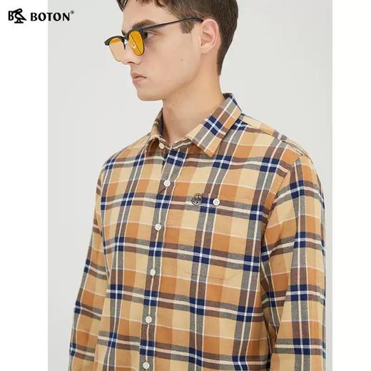 波顿春秋季长袖黄蓝色格子衬衫男士长绒棉磨毛保暖衬衣MS609321 商品图4