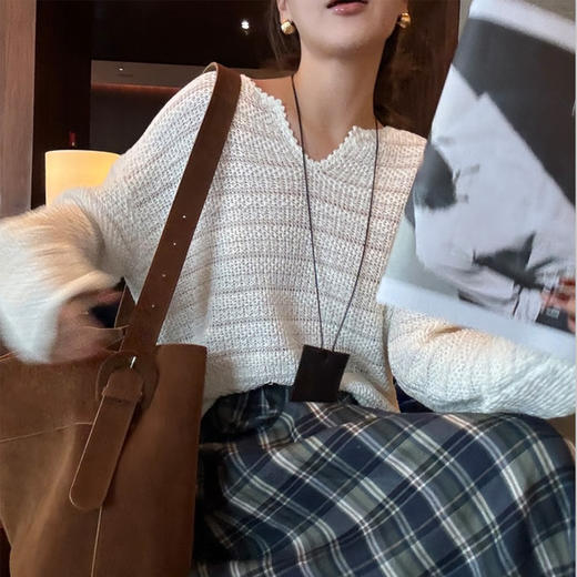 【顺丰包邮】34400 洛诗琳花边小V领肌理感秋冬慵懒镂空针织罩衫001 商品图2