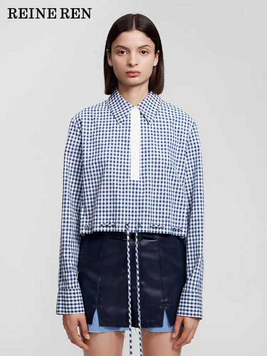 蓝白格纹短款系带衬衫 商品图0