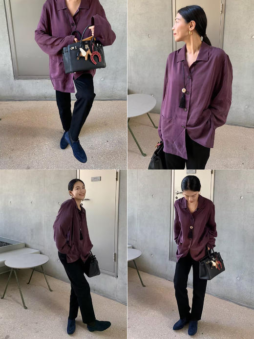 HIDEMI 进口铜氨丝缎面复古翻领式口袋衬衫 古铜酒红/碳黑色 商品图3