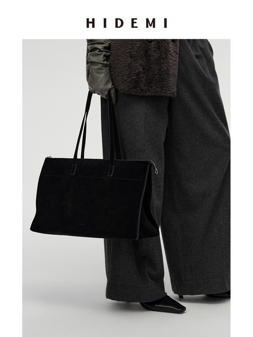 HIDEMI 进口麂皮极简几何设计感肩带多背式公文包 深摩卡棕/黑色 商品图8