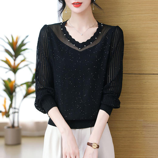 V领长袖薄款，钉珠网纱针织衫CC-1228 商品图2