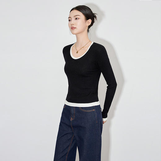 【高货wl】全新升级【铂金会员165/天猫229/差价64】(10016) 洛诗琳撞色假两件针织打底衫秋冬羊毛混纺百搭圆领上衣 商品图3