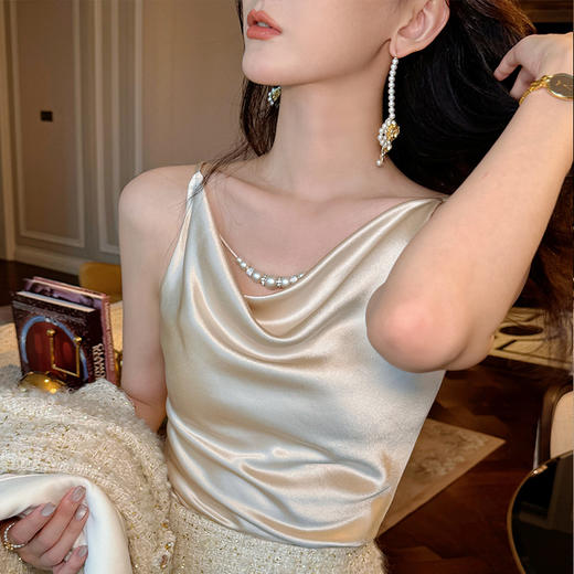 【顺丰包邮】34704 洛诗琳设计感珍珠链条吊带气2024质荡领醋酸吊带607 商品图0