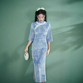 秋款改良日常长款蓝色烧花绒修身复古旗袍XL1075