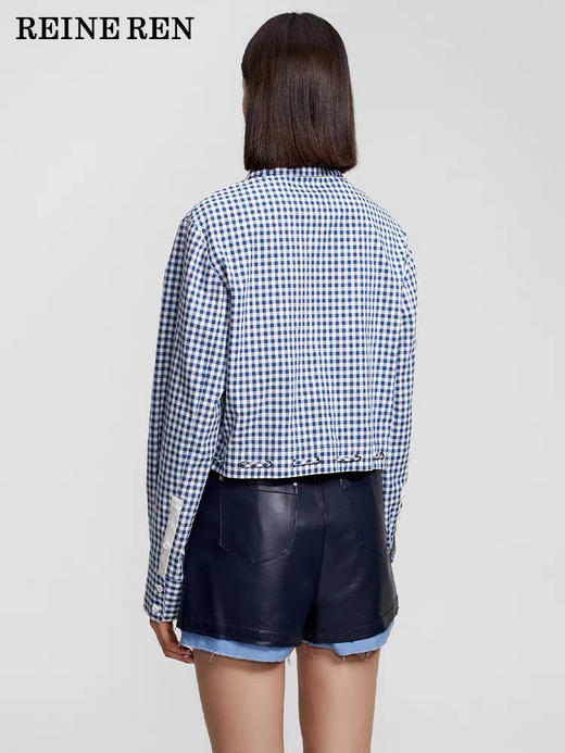 蓝白格纹短款系带衬衫 商品图1