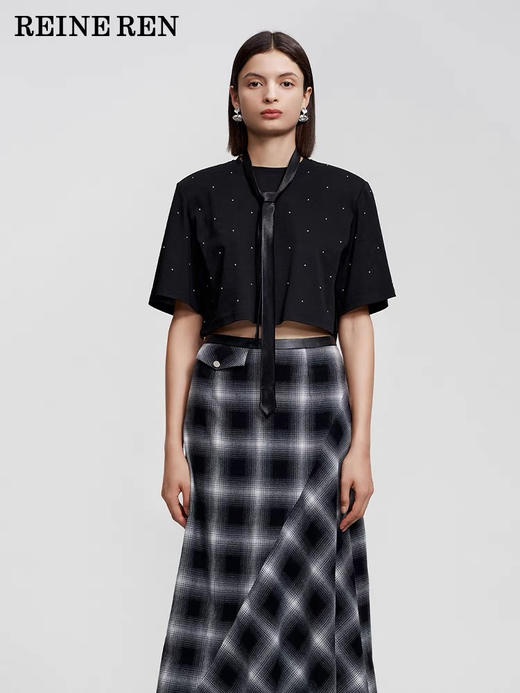 烫珠宽肩短款短袖上衣 商品图0