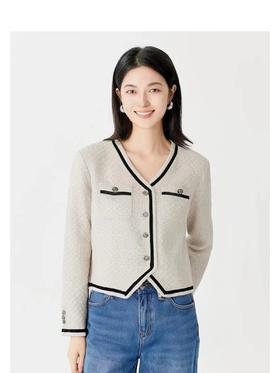 商场品牌【米蝎尔】02V领小香风PU边外套-喜出