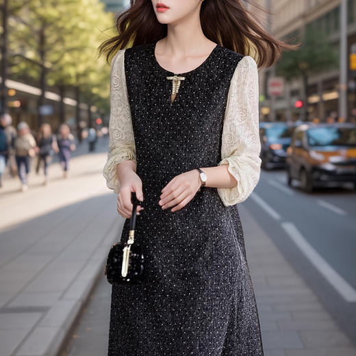 奢姿2024年秋季新款大码女装圆领蝴蝶结裙子胖妹妹拼接蕾丝连衣裙9943853671 商品图3