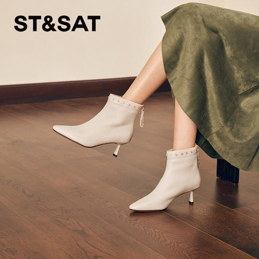 星期六摩登铆钉扣饰尖头细高跟短靴SSC4116405 商品图2