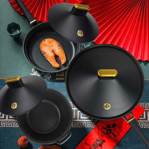 【小家电】Revere 宫宴系列煎锅+炒锅+汤锅组合铝合金不粘锅少油烟锅具不挑灶具RWS-TGT2030T/YK HF 商品图1
