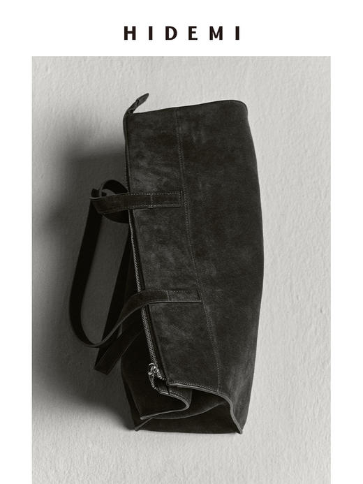 HIDEMI 进口麂皮极简几何设计感肩带多背式公文包 深摩卡棕/黑色 商品图0