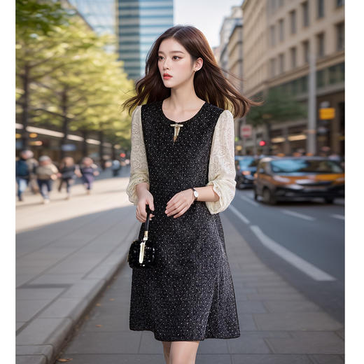 奢姿2024年秋季新款大码女装圆领蝴蝶结裙子胖妹妹拼接蕾丝连衣裙9943853671 商品图1