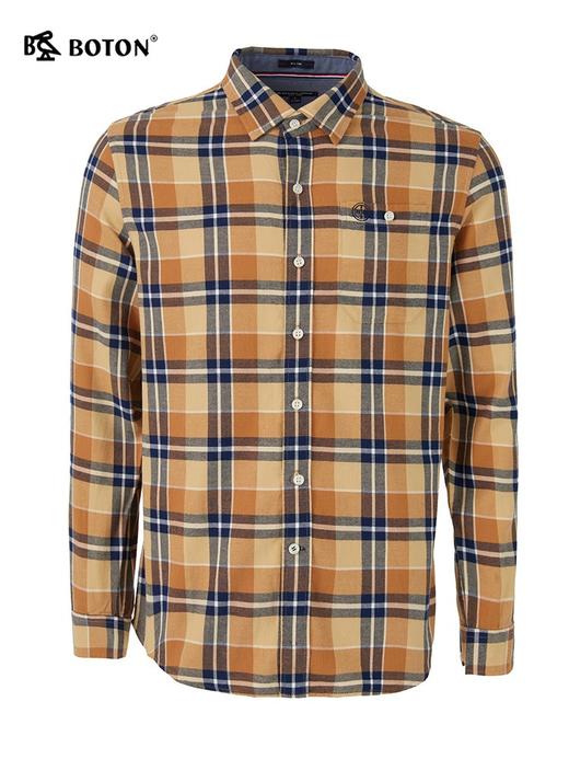 波顿春秋季长袖黄蓝色格子衬衫男士长绒棉磨毛保暖衬衣MS609321 商品图1