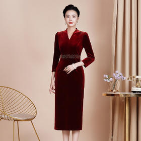 HYX-24-7879秋冬新款改良韩国绒喜婆婆喜妈妈旗袍裙大码婚宴礼服中长款