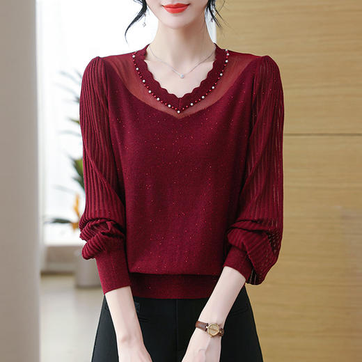 V领长袖薄款，钉珠网纱针织衫CC-1228 商品图0