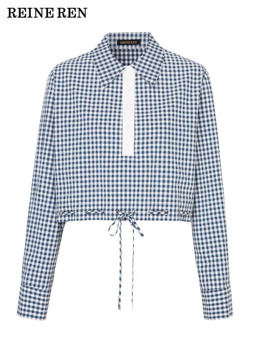 蓝白格纹短款系带衬衫 商品图2