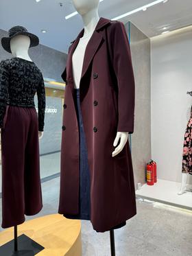 伯妮斯茵 | 复古轻奢风 酒红双排扣长款风衣 翻领无系带外套 春秋气质通勤大衣 HJ3D52