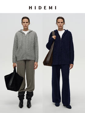HIDEMI 【赵露思同款】进口澳洲美利奴羊毛绞花麻花花纱厚款宽松式连帽拉链毛衣外套长裤套装  藏蓝色/中灰色 帽衫\阔腿裤