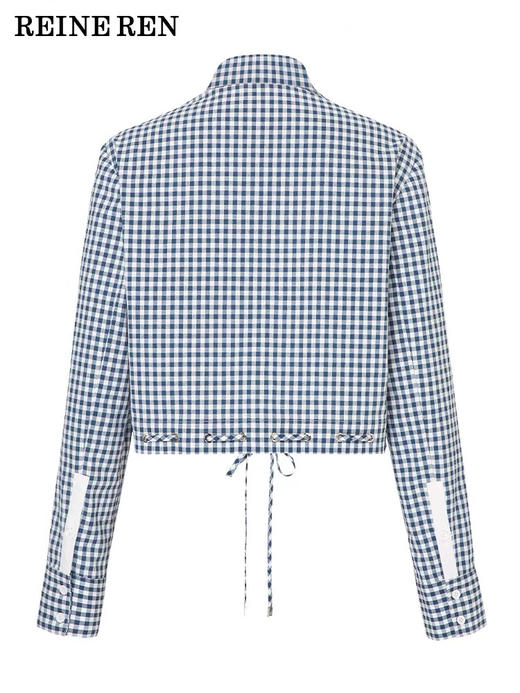 蓝白格纹短款系带衬衫 商品图3