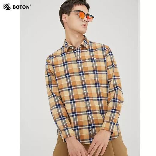 波顿春秋季长袖黄蓝色格子衬衫男士长绒棉磨毛保暖衬衣MS609321 商品图5