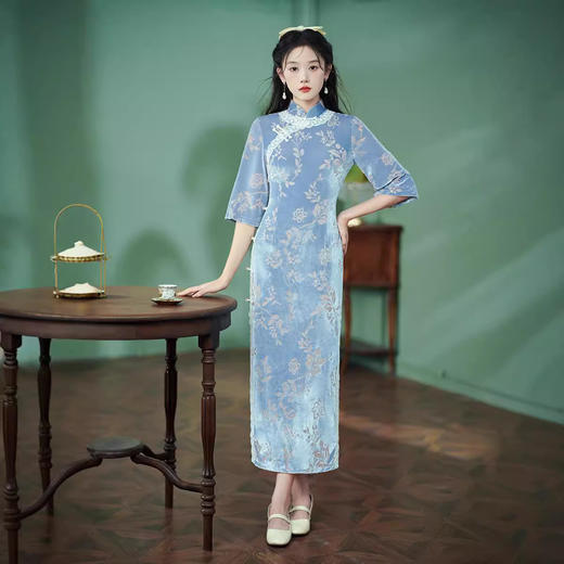 秋款改良日常长款蓝色烧花绒修身复古旗袍XL1075 商品图4