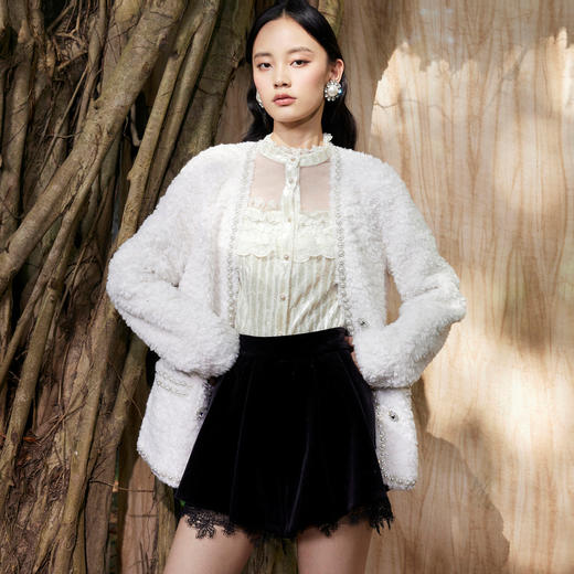 麦斯芮妮MAXRIENY白色羊羔小香风毛呢外套秋女装 商品图3