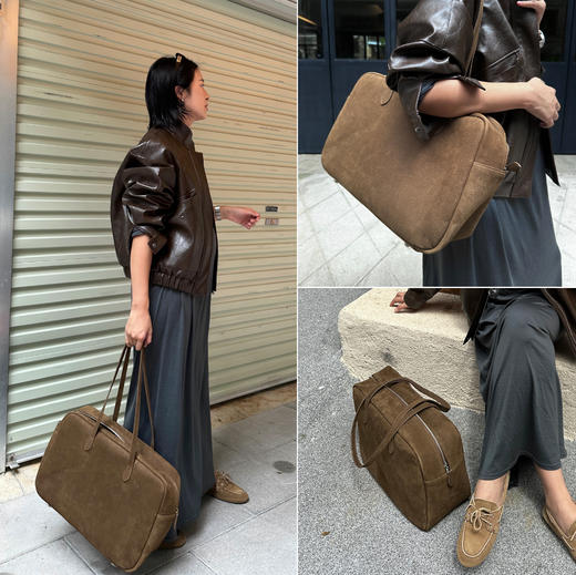 HIDEMI 经典款波士顿系列进口做旧复古感磨砂牛皮大号多用背包 大象灰/栗子棕 商品图7