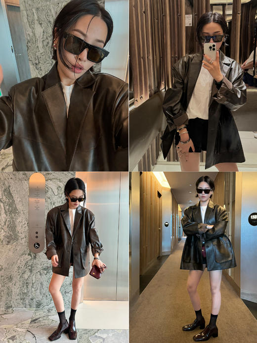 HIDEMI 【吴千语同款】甄选复古水洗擦色感环保蛋白皮工装感立体大口袋西装外套皮衣 商品图1