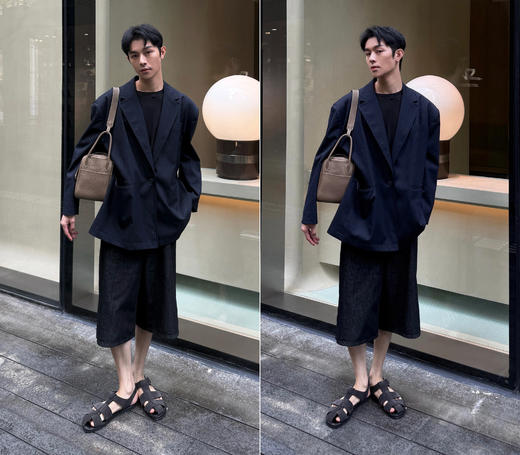 HIDEMI 秀款极简大廓形垫肩大宽肩藏蓝色色织条纹男朋友西装 商品图6