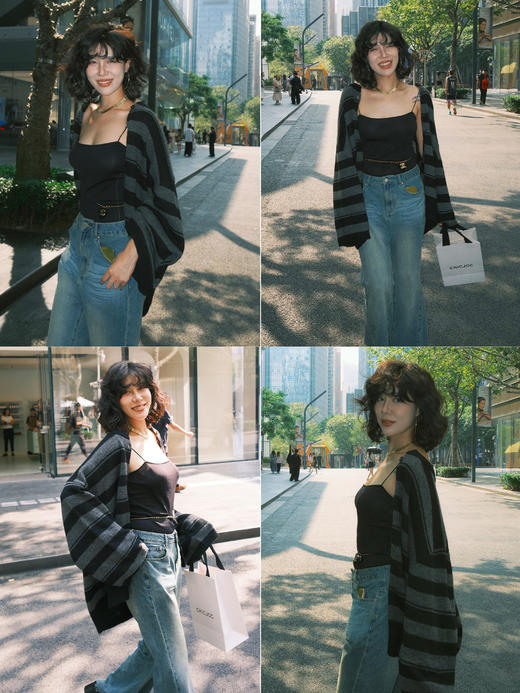 HIDEMI 【当当同款】进口羊驼毛混纺多股纱线条纹松弛感大廓形圆领纽扣开衫外套 黑灰条纹/绿紫条纹/棕绿条纹/灰粉条纹 商品图4