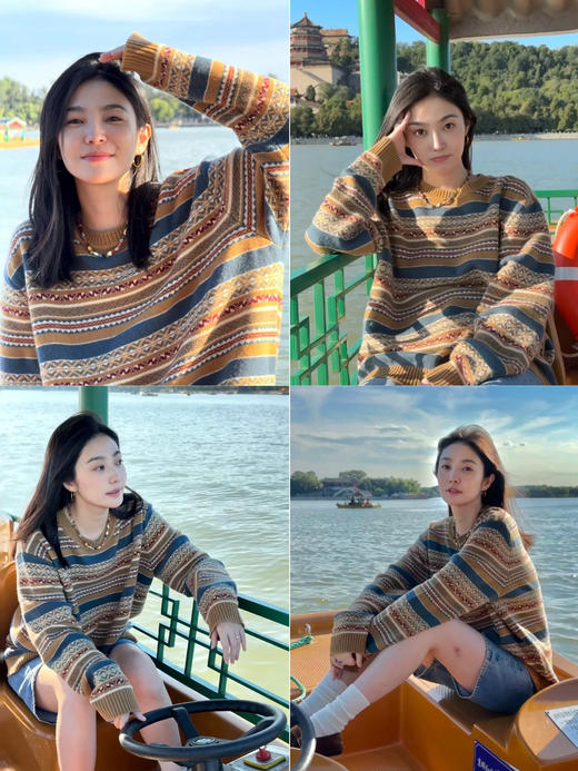 HIDEMI 【赵丽颖同款】进口澳洲美利奴羊毛手绘花型设计感极简圆领廓形落肩款长袖针织毛织毛衣 卡其色/蓝灰色/灰紫色 商品图2