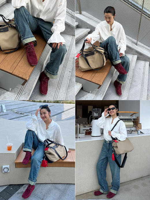 HIDEMI 系带复古做旧感进口磨毛牛反绒牛皮中帮方头内增高式踝靴短靴 卡其米/勃艮第酒红 商品图5