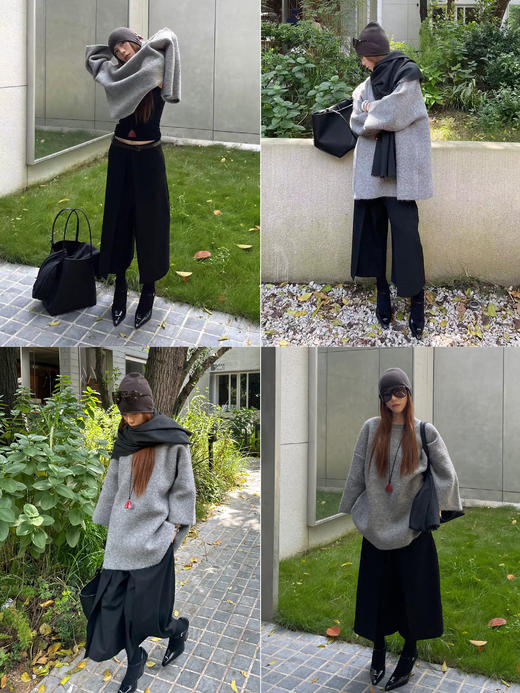 HIDEMI 圆领大廓形落肩加厚款进口强缩混纺羊毛8分袖毛织针织上衣 摩卡色/黑色/烟灰色/藏蓝色 商品图6