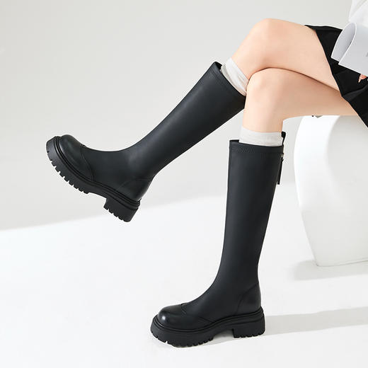 西遇黑色长筒靴女新款秋冬显瘦不过膝长靴小个子厚底高筒靴子D3947693 商品图2