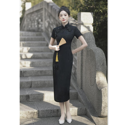 时尚改良新中式前开叉长款提花短袖旗袍SYK373230 商品图3