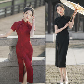 时尚改良新中式前开叉长款提花短袖旗袍SYK373230