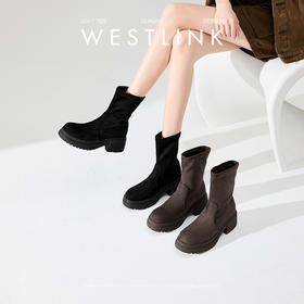 西遇增高厚底瘦瘦靴女新款秋冬高跟马丁靴弹力靴绒面圆头短靴D3947687