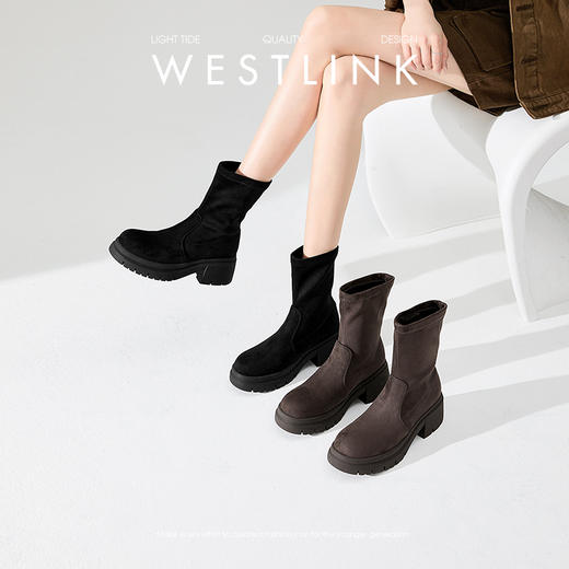 西遇增高厚底瘦瘦靴女新款秋冬高跟马丁靴弹力靴绒面圆头短靴D3947687 商品图0