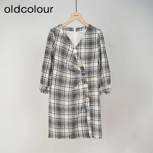 oldcolour秋冬款黑白格子连衣裙V领设计感气质中长裙GL32103842 商品图0