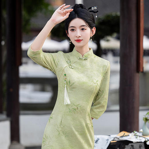 秋冬新款时尚气质改良国风新中式绿色竹叶提花旗袍MLS6975 商品图1