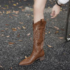 西遇西部牛仔靴女新款秋冬复古刺绣靴子马丁靴尖头棕色长筒靴V0047799 商品缩略图3