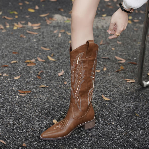西遇西部牛仔靴女新款秋冬复古刺绣靴子马丁靴尖头棕色长筒靴V0047799 商品图3