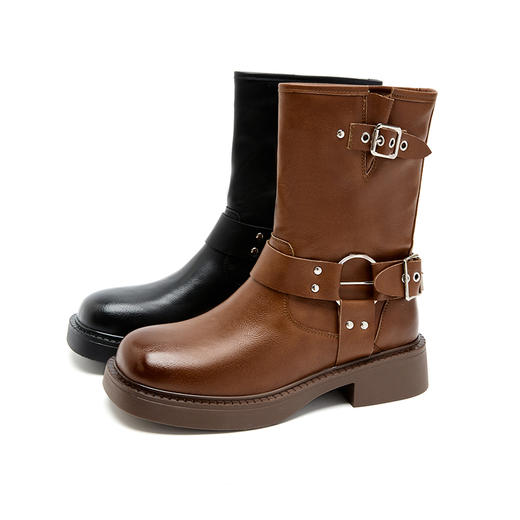 西遇西部牛仔短靴女2025新款秋冬宽筒显瘦机车靴中筒粗跟马丁靴子D0047797 商品图4