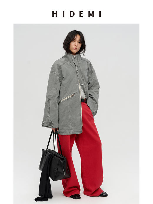 HIDEMI 多重水洗复古牛仔拉链立领式大口袋飞行员中长款大廓形夹克外套 水洗灰/碳黑色 商品图6