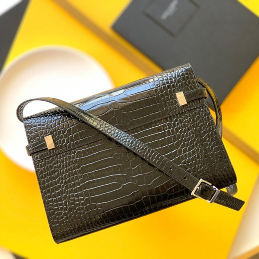 SAINT LAURENT圣罗兰 YSL SL MANHATTAN 曼哈顿金扣 鳄鱼纹压花闪亮牛皮革 斜挎单肩包 小号 中号女款 黑色（CB） 商品图3